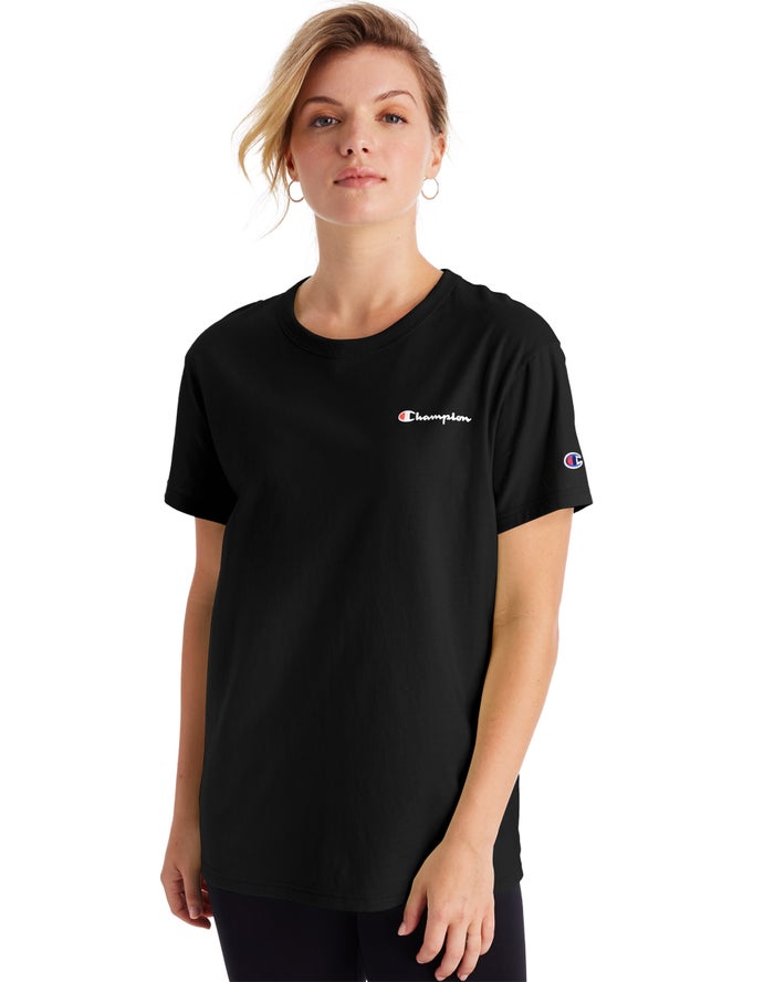 Champion Womens T-Shirt NZ - Boyfriend Script Logo Black ( 2087-ZJLAM )